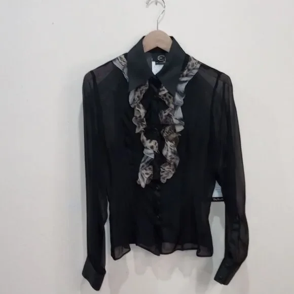 Just Cavalli Sheer Black Silk Blouse with Leopard Ruffle & Satin Trim - 44 / L - Picture 1 of 11